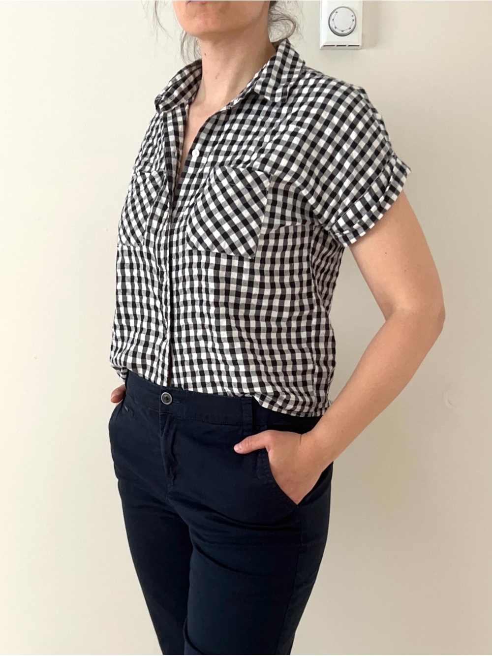 Black and White Gingham Short-Sleeve Button-Up Top